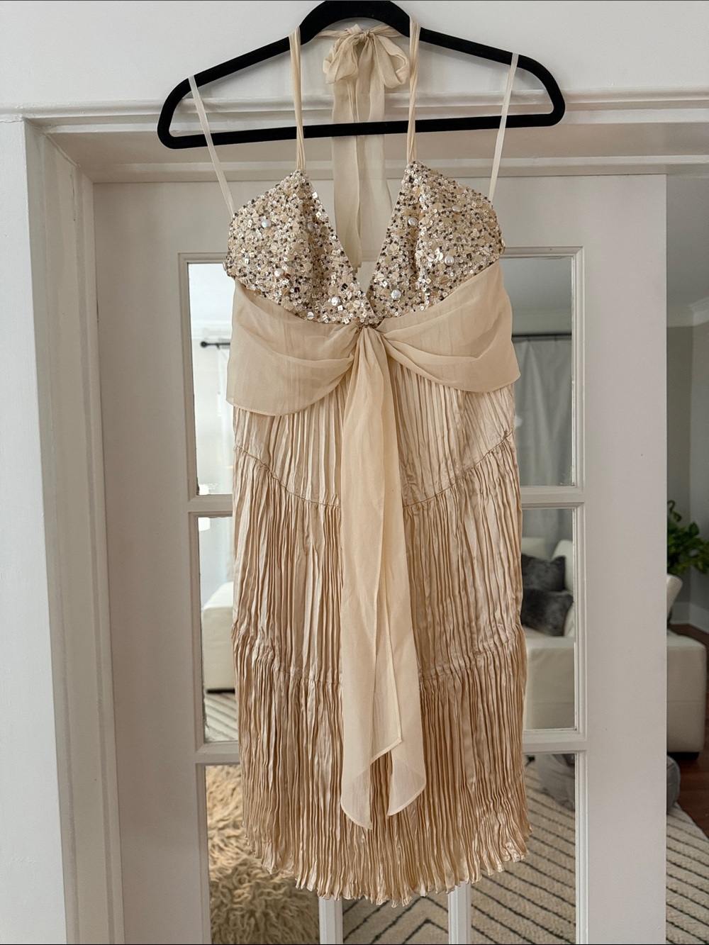 BCBGMaxAzria Champagne Sequin Bodice Silk-Crepe Chemise